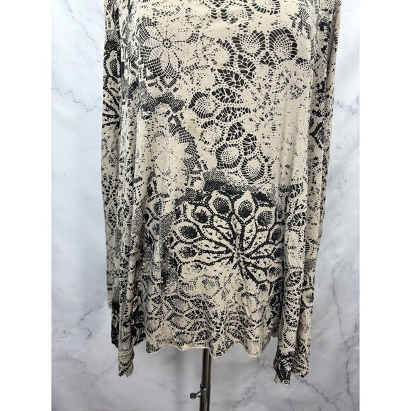 Peruvian Connection Tunic Swing Blouse Top L Boho Tan Black Lace Mandala Artsy - Picture 14 of 15
